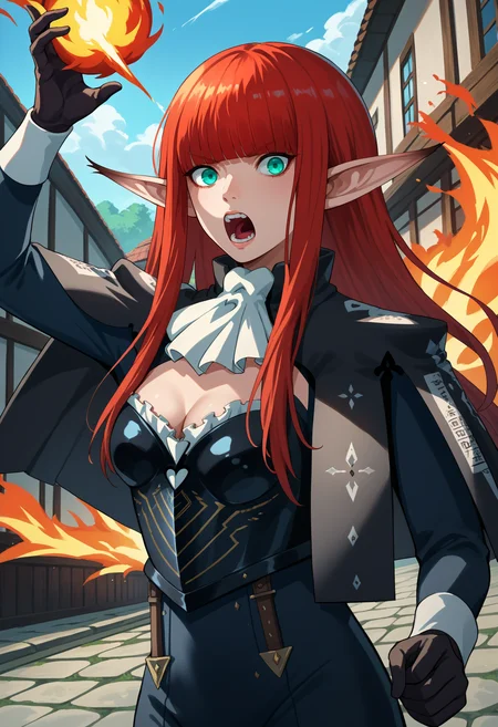 score_9, score_8_up, source_anime, 1girl, solo, shouting, holding fireball, looking at viewer, <lora:HulkenbergMRv2-pdxl:1> hbrgMR, red hair, long hair, blunt bangs, sidelocks, aqua eyes, pointy ears, white ascot, breastplate, cleavage, capelet, long sleeves, black bodysuit, black gloves, outdoors