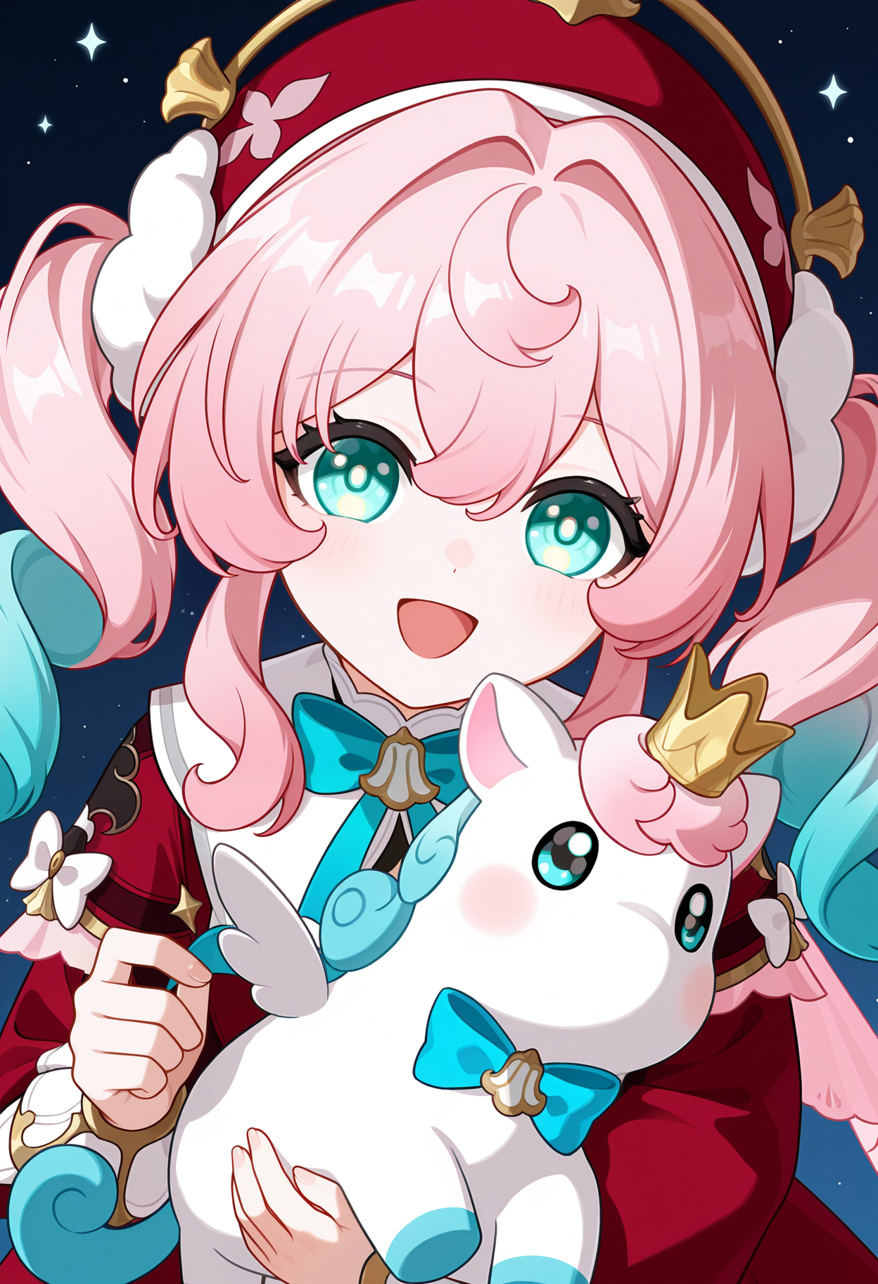 <lora:hal illustrious-1.0-000050:1>,
little ica \(honkai: star rail\),no humans,animal,
hyacine \(honkai: star rail\),pink hair,smile,red dress,twintails,open mouth,looking at viewer,long sleeves,red hat,blue bow,bowtie,long hair,blue bowtie,hair between eyes,blush,:d,solo,ribbon,aqua eyes,hand up,multicolored hair,hair intakes,blue eyes,blue hair,holding,holding little ica \(honkai: star rail\),hug,