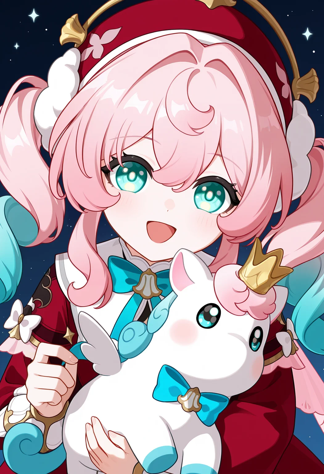 <lora:hal illustrious-1.0-000050:1>,
little ica \(honkai: star rail\),no humans,animal,
hyacine \(honkai: star rail\),pink hair,smile,red dress,twintails,open mouth,looking at viewer,long sleeves,red hat,blue bow,bowtie,long hair,blue bowtie,hair between eyes,blush,:d,solo,ribbon,aqua eyes,hand up,multicolored hair,hair intakes,blue eyes,blue hair,holding,holding little ica \(honkai: star rail\),hug,