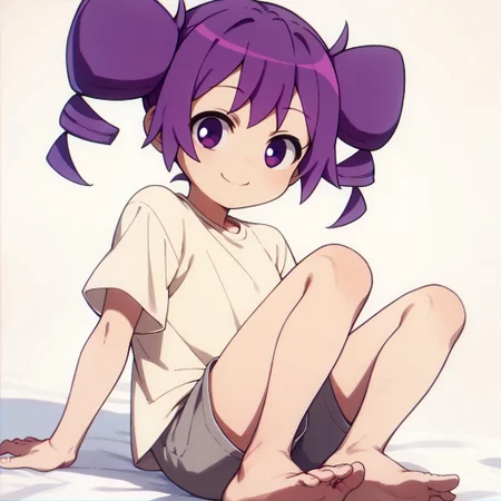 score_9, score_8_up, score_7_up BREAK Otachan, 1girl, purple hair, hair drills, purple eyes, short-sleeved light yellow shirt, gray shorts, barefoot, smiling at viewer,