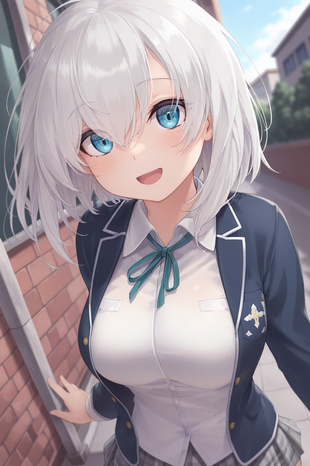 1girl, AA1stHairstyle, AA4thCostume,
general, solo, dynamic angle,
short hair, grey hair, blue eyes, eyelashes, large breasts,
blue jacket, white shirt, 
\:D, 
outdoors, school, 
depth of field,
<lora:kp_ArsAlmalNijisanjiIllustrious_v1_1:1.0>,
masterpiece, best quality, amazing quality