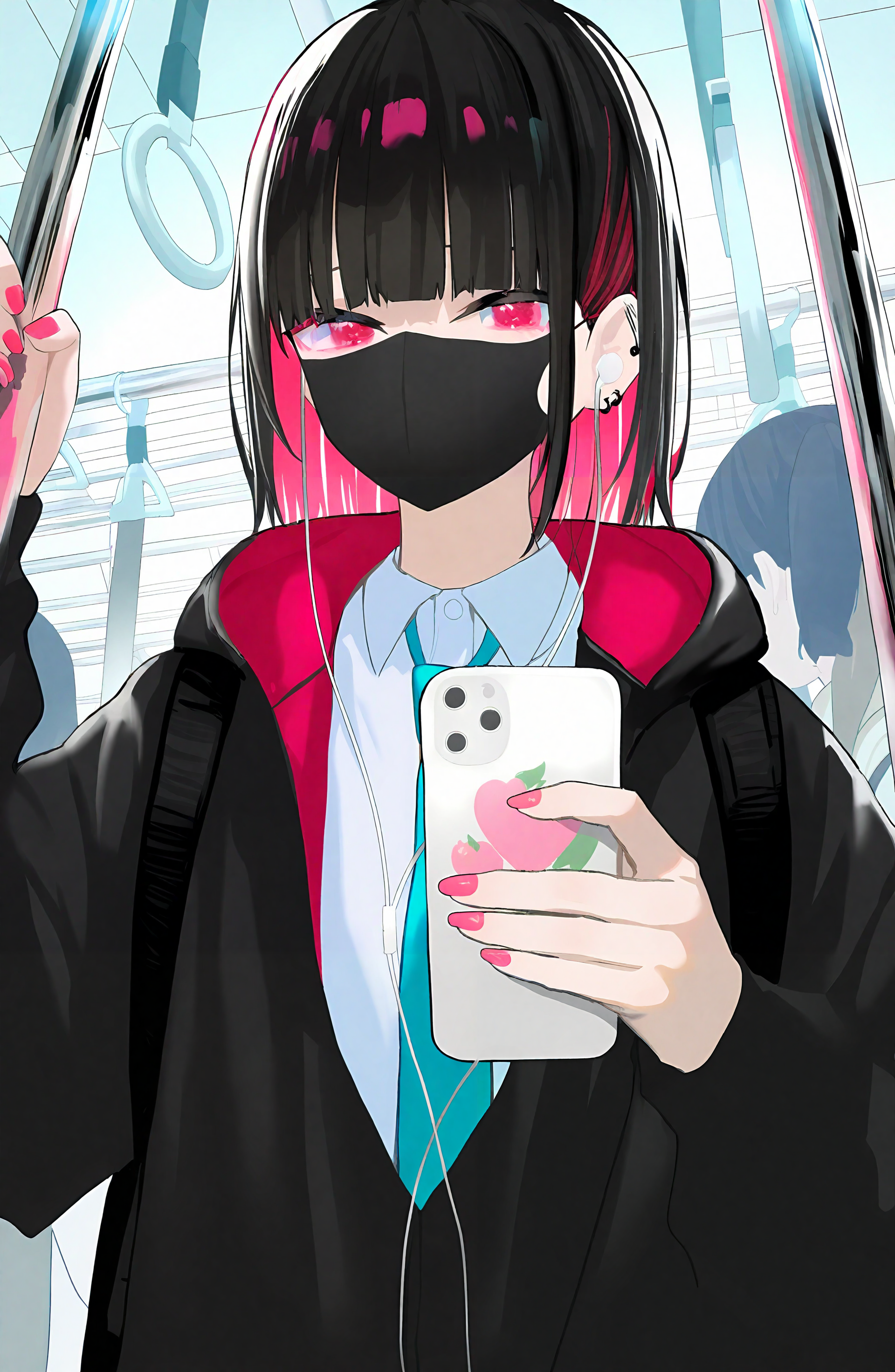 1girl, looking_at_viewer, short_hair, shirt, black_hair, long_sleeves, holding, jacket, white_shirt, upper_body, pink_hair, multicolored_hair, earrings, necktie, collared_shirt, solo_focus, hood, blunt_bangs, pink_eyes, nail_polish, bag, two-tone_hair, black_jacket, mask, phone, hood_down, backpack, cellphone, ear_piercing, hooded_jacket, colored_inner_hair, smartphone, pink_nails, holding_phone, blue_necktie, mouth_mask, earphones, train_interior, black_mask, hand_grip