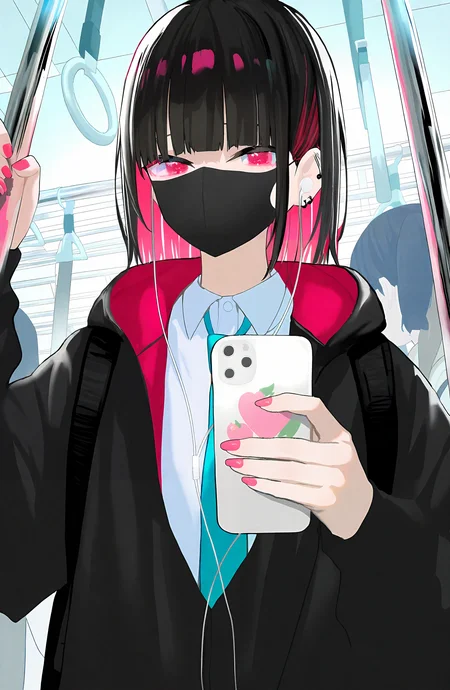 1girl, looking_at_viewer, short_hair, shirt, black_hair, long_sleeves, holding, jacket, white_shirt, upper_body, pink_hair, multicolored_hair, earrings, necktie, collared_shirt, solo_focus, hood, blunt_bangs, pink_eyes, nail_polish, bag, two-tone_hair, black_jacket, mask, phone, hood_down, backpack, cellphone, ear_piercing, hooded_jacket, colored_inner_hair, smartphone, pink_nails, holding_phone, blue_necktie, mouth_mask, earphones, train_interior, black_mask, hand_grip