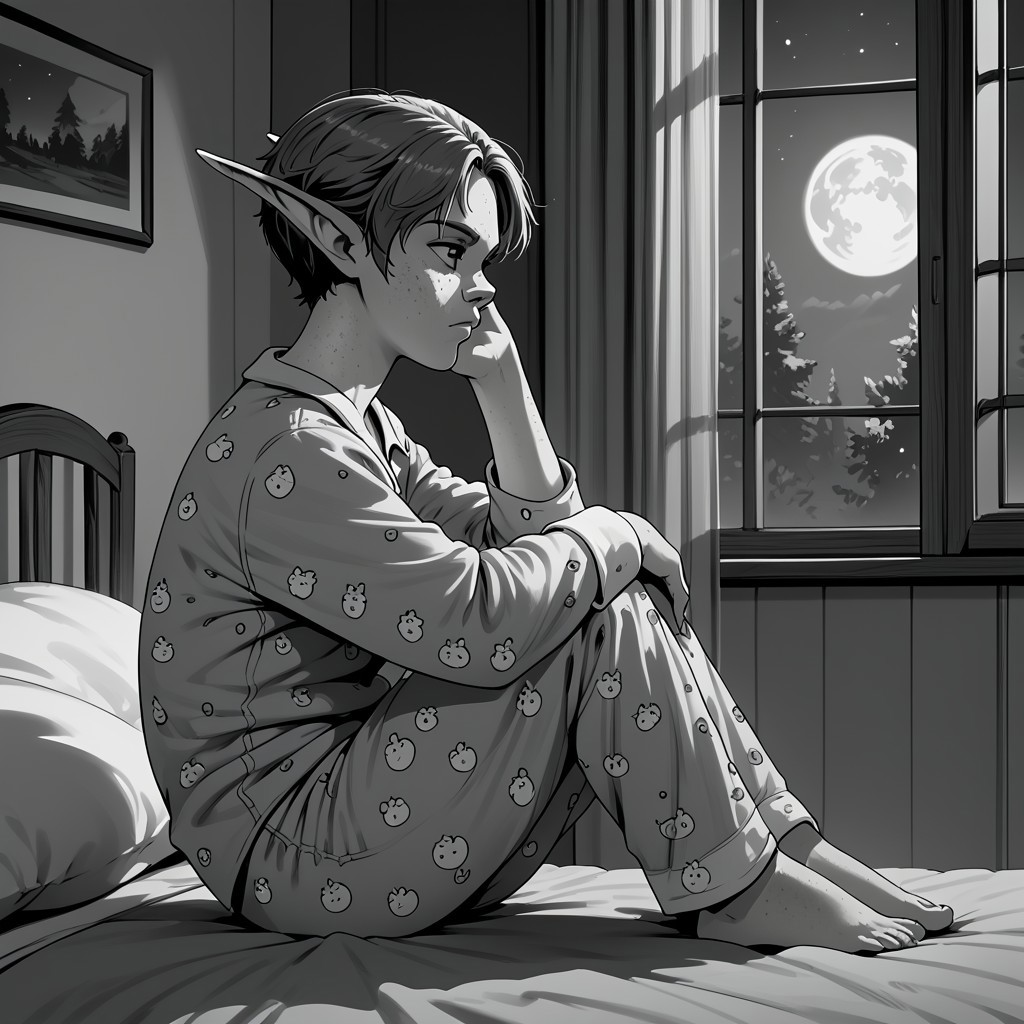 score_9, score_8_up, score_7_up, monochrome, solo, freckles, 1girl, from side,  elf, dynamic, night, shaded face, unconspelf, greyscale, looking to the side, short hair, sitting, pajamas, full body, bedroom, freckles