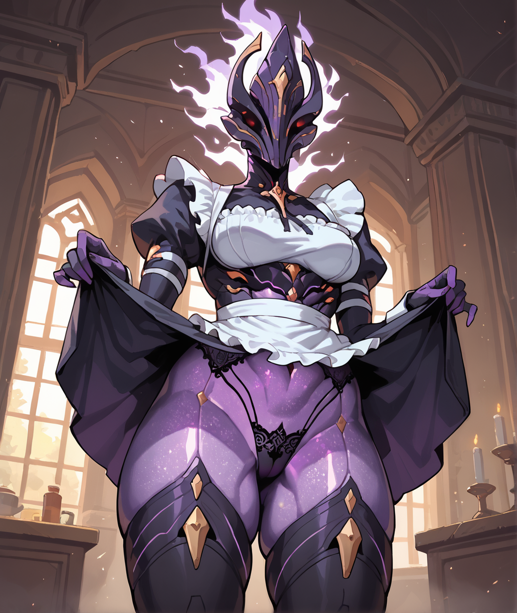 score_9, score_8_up, score_8, source_anime,  1girl, emberheirloom,  purple glowing body, fiery hair, cosmic body pattern , mouthless , faceless, mouthless, no mouth, mask, helmet, alternative costume, maid outfit, maid apron, frills,  upskirt, lifted by self, lace panties, indoors, thick thighs,<lora:emberheirloom:0.9>
