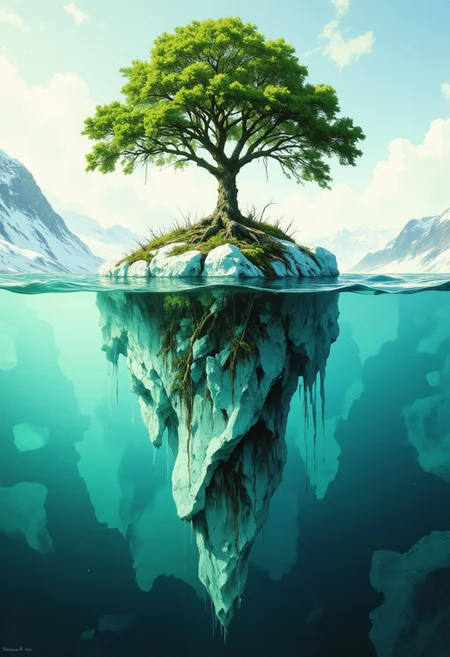 A surrealistic landscape featuring a majestic green tree growing atop an iceberg, with its roots extending deep underwater. The clear, turquoise water reveals the submerged icy base in vivid detail, creating a striking visual symmetry. The background showcases soft, fluffy clouds and sunlight piercing through, illuminating the scene with a tranquil glow. The composition emphasizes natural elements with hyperrealistic textures, blending reality and fantasy to convey hidden depth and harmony