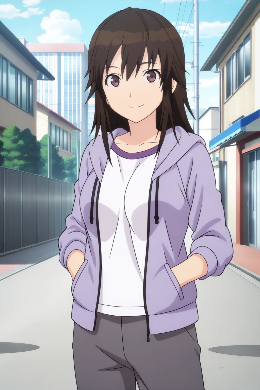 anime screenshot, miyamae tooru, 1girl, solo, black hair, long hair, brown eyes, medium breasts, purple jacket, purple hoodie, hooded jacket, open jacket, white shirt, t-shirt, long sleeves, raglan sleeves, grey pants, looking at viewer, smile, cowboy shot, hands in pocket, outdoors, street, masterpiece, best quality, high quality, highres, absurdres, <lora:miyamae_tooru_ILXL:0.9>
