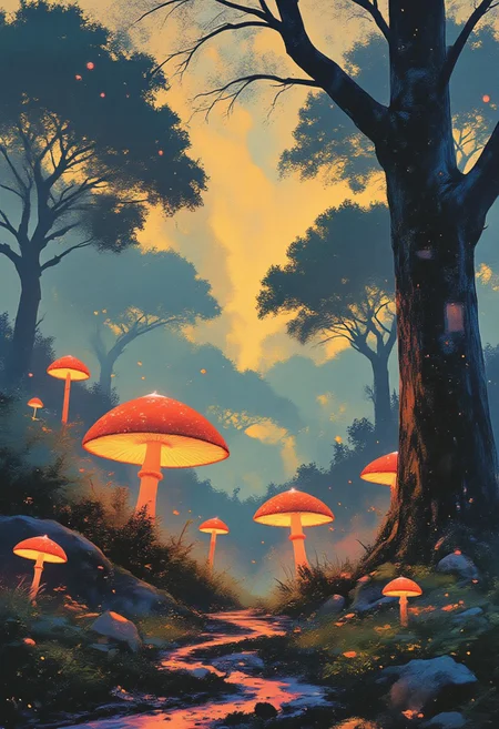 Jeddtlv3, aidmamj6.1, A dense, enchanted forest bathed in soft golden sunlight, with mist swirling between ancient trees and glowing mushrooms dotting the ground