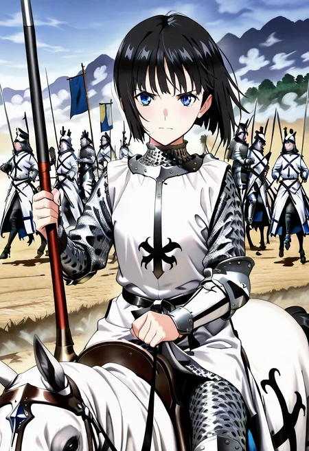 masterpiece, best quality, absurdres, detailed skin, detailed eyes, anime colored, anime screencap,
<lora:SaitoE:0.8>, SaitoE, black hair, looking at viewer, chainmail, holding lance, solo,
<lora:Riding_horse_with_Caparison_IL:0.9>, ((white horsewithcaparison)), riding, horseback riding,
outdoors,
