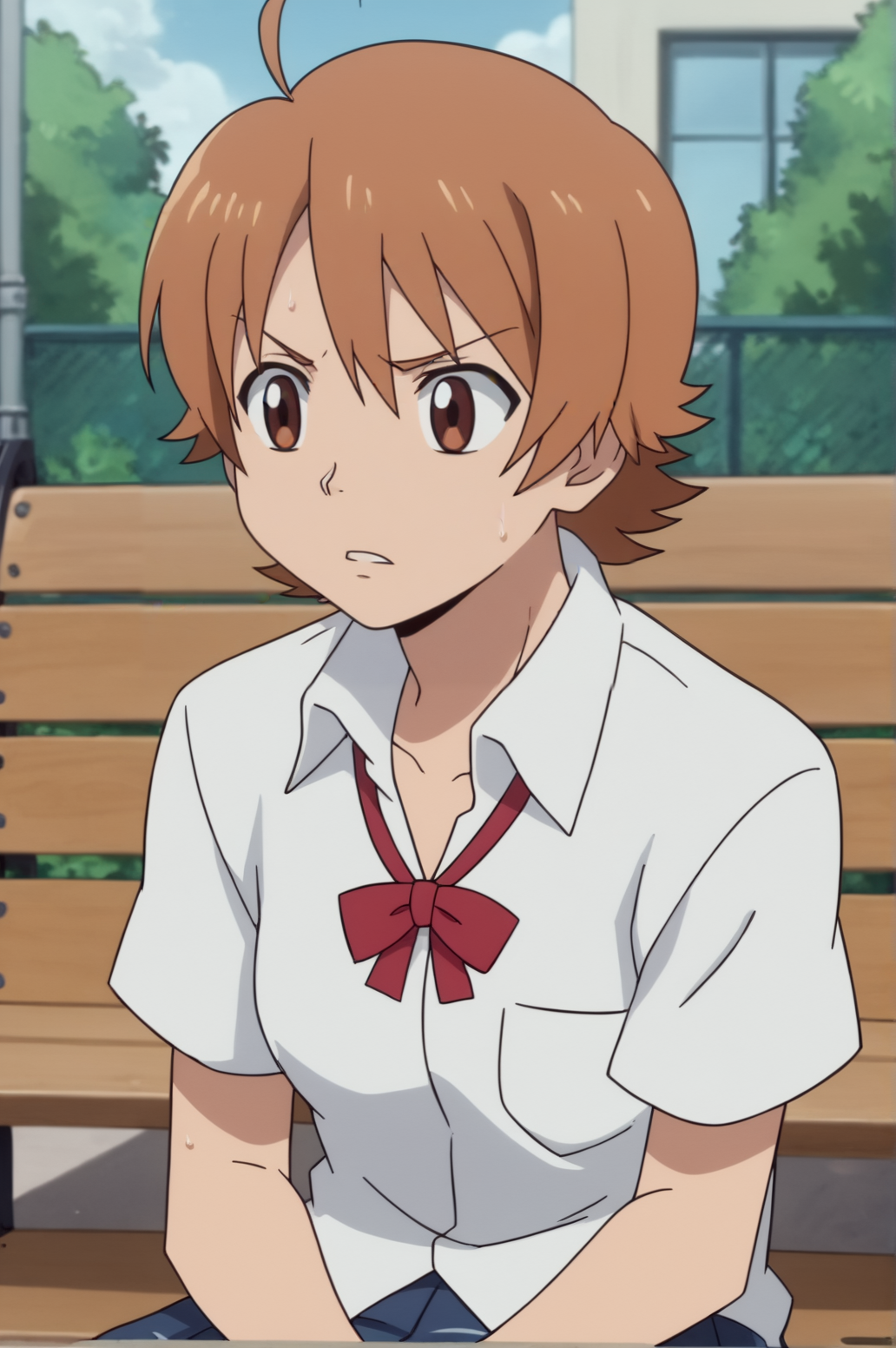 score_9, score_8_up, score_7_up,anime_source, source_anime, best background, detailed background, anime screencap,  Natsumi Hayamiya, school uniform, shirt, skirt, solo, solo, sweat, bench over, outdoors,  highschool roof,  <lora:JN_Natsumi_Hayamiya:0.8>