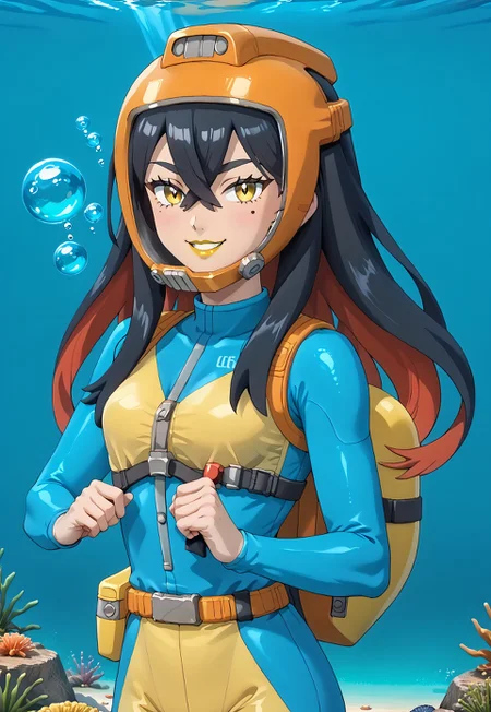 PokemonStyle, pokemon \(anime\), full body,solo female, score_9, score_8, score_7, score_6_up, source_anime, anime coloring, anime screencap, official art,
BREAK full body, 1girl, black hair, colored inner hair, crossed bangs, hair between eyes, hairband, long hair under helmet, mole, mole under eye, multicolored hair, red hair, sidelocks, two-tone hair, yellow eyes, low lipstick only, floating hair, (blue wetsuit), long sleeves, bare legs, beautiful legs, barefoot,
BREAK
(pokemoncarmine wearing (snug fitting, head-sized(yellow diving helmet clamped to face))), (helmet overlapping chin, helmet overlapping cheeks, helmet overlapping jawline, helmet overlapping ears), shiny glass visor:0.5,
BREAK underwater, seafloor, rocks, sea-green background:0.25, sea-green overlay:0.55, seaweed, neck
BREAK blue background:0.25, bubbles, BREAK mask snugly on face, regulator, breathing tube, orange oxygen tank strapped to back, harness tightly on chest, belt, swimmingai, floating, bubbles, looking at viewer, diving, smug, clenched teeth, flustered, vents on helmet,