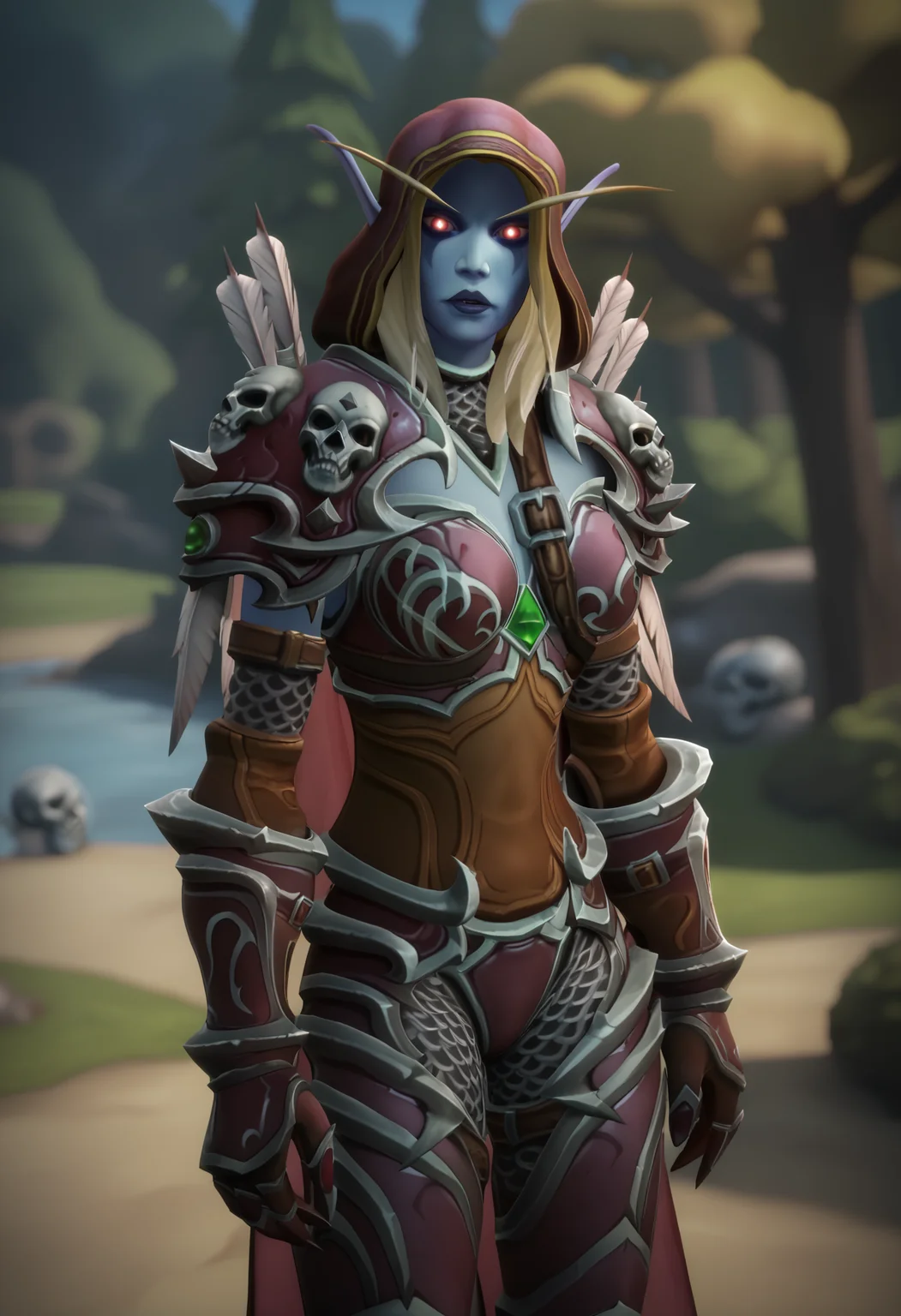 score_9, score_8_up, score_7_up,cinematic light,3d,masterpiece, high quality, highres,
uncensored,intricate details,
mature female,
sylvanas, elf, armor, blue skin, colored skin, 1girl, blonde hair, solo, hood, pointy ears, shoulder armor, red eyes, pauldrons, glowing eyes, glowing, skull, long hair, quiver, breasts, gauntlets,cape, undead,feathers,
standing, looking at viewer,
cowboy shot,
sidelighting,
perfect anatomy, world of warcraft, contrast,
scenery, outdoors, forest, pine tree,
Detailed Background,fantasy,
<lora:fugtrup-guy-PONYv2:0.8> <lora:Sylvanas_Windrunner_by_Nyx:0.9>