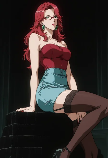 dark_art_style, anime screencap, anime coloring, solo female, G0083NP, red hair, long hair, lipstick, green eyes, earrings, red glasses, tube top, pencil skirt, blue skirt, high heels, stockings,