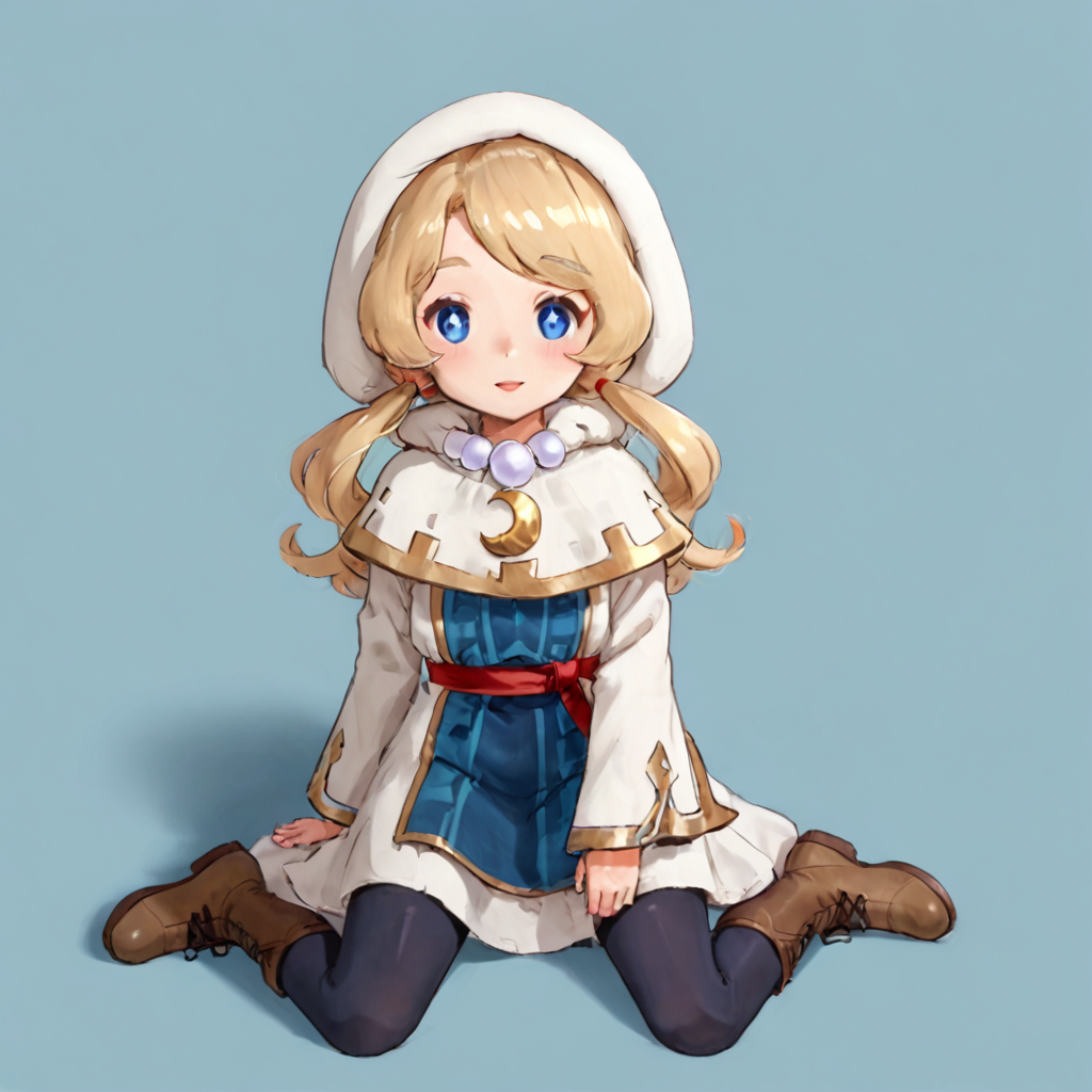 <lora:Yuelia_-_Fantasy_Life:.8> yuelia, Fantasy Life, , 1girl, solo, long hair, blonde hair, low twin tails, blue eyes, diamond iris, white outfit, white and gold capelet, pearl necklace, crescent moon medallion, hood, hood up, white robe, long sleeves, bell sleeves, gold trim, blue tabard, red cincture, black tights, brown boots, full body,