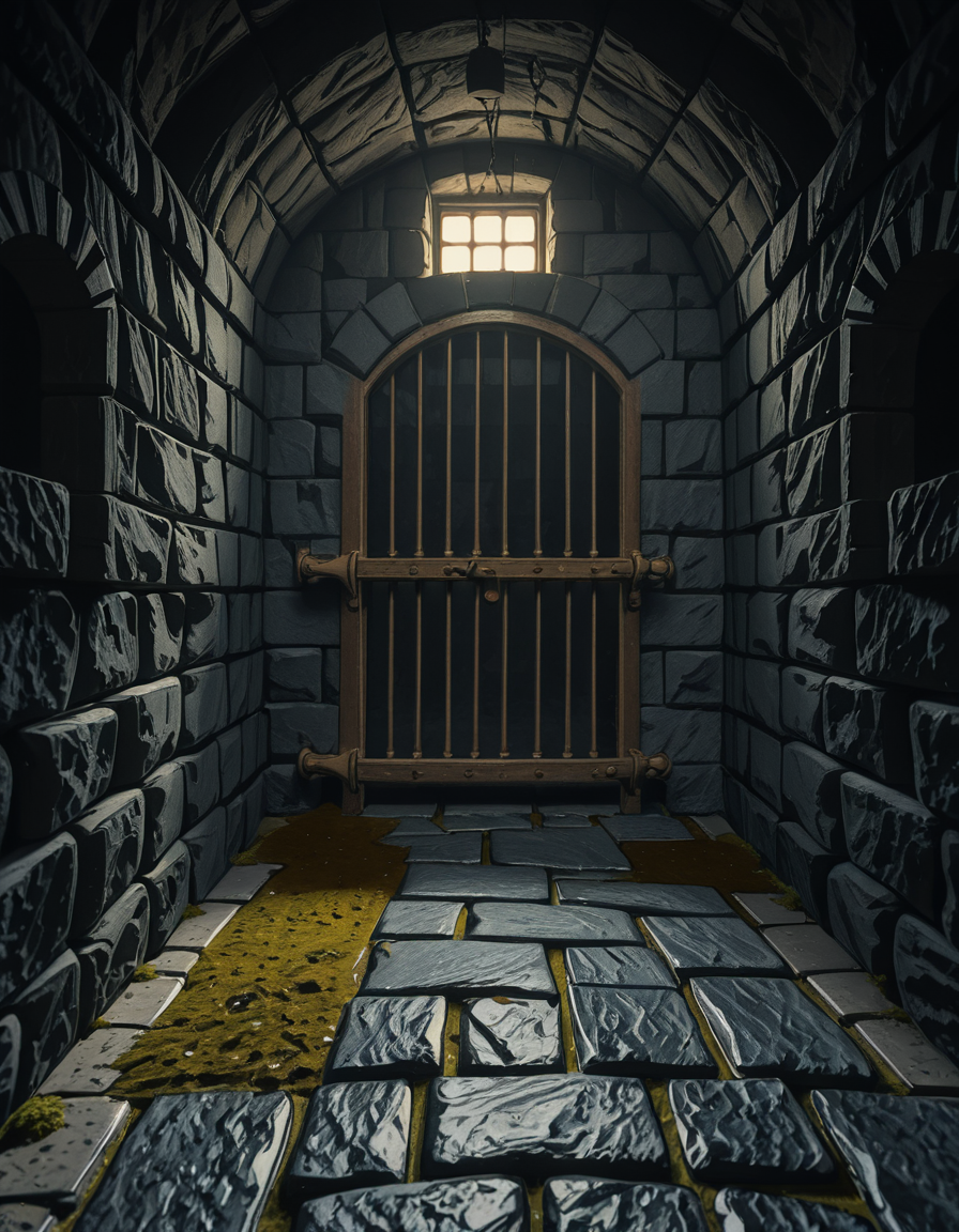 A highly detailed, hyper-realistic photograph of a dark medieval dungeon prison cell. The scene is dimly lit by a single flickering torch mounted on a damp stone wall, casting eerie shadows across the rough, moss-covered stones. Heavy, rusted iron bars form the cell door, slightly ajar, with visible corrosion and ancient padlocks. Inside the cell, there is a straw-covered floor, old wooden buckets, and a crude, splintered wooden bench against the back wall. Chains and manacles hang loosely from the walls, showing signs of long-term use. The atmosphere is cold, humid, and oppressive, with faint light rays piercing through tiny cracks in the stone ceiling. Cobwebs stretch across the corners of the cell, and faint water drips from above, creating small puddles. The overall mood is grim, desolate, and foreboding. Photorealistic style, with high dynamic range (HDR) lighting and extreme attention to textures like rust, moisture, and decay.
<lora:SDXLFaeTastic2400:0.4> <lora:extremely_detailed:0.4> extremely detailed,medieval dungeon pr1s0n c3ll <lora:medieval_dungeon_pr1s0n_c3ll-i:1>, Masterpiece,best quality,hi res,8k,hi res,8k,award winning,(sharp focus, intricate, highly detailed),