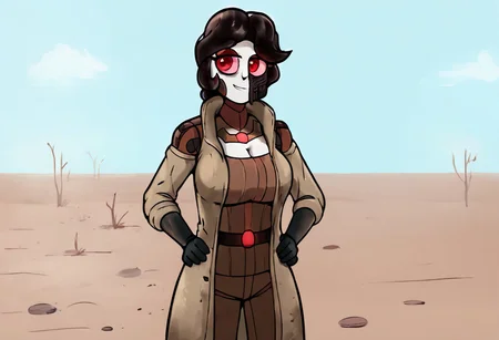 score_9, score_8_up, score_7_up, score_6_up, BREAK, solo, 1girl, robot, aria, red eyes, black hair, large breasts, pale skin, white skin, d3sertranger, outdoors, desert, wasteland, scenery, sunlight, day, black gloves , trench coat, breastplate, absurdres, looking at viewer, cute, attractive, eye contact, standing, smirk, cartoon style, vibrant, highly detailed, hands on hips