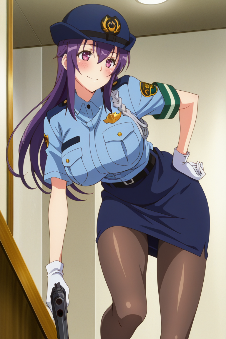 masterpiece , source_anime, ,, ,1girl, solo, policewoman, police, police uniform,, breasts, uniform,, long hair, hat, purple hair, pantyhose, gloves, large breasts, skirt, , blush,, white gloves, , brown hair,purple eyes, standing, stepping up, holding pistol, smile