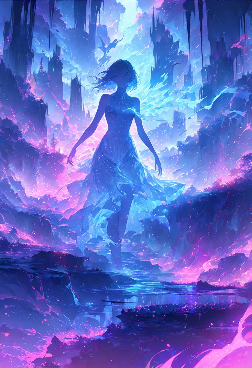 serene night, beautiful sky, dancing silhouette, Complex landscape, best quality, pastel colors, light blue tint, aesthetic Ethereal, Effulgent, Idyllic atmosphere,  Tranquil,  ethereal quality, cinematic volume, Twinkling lighting, glowing aura, global illumination,  glowneon, Anisotropic Filtering, Unrivaled Opus, Unconventional, hyper detailed, HDR,