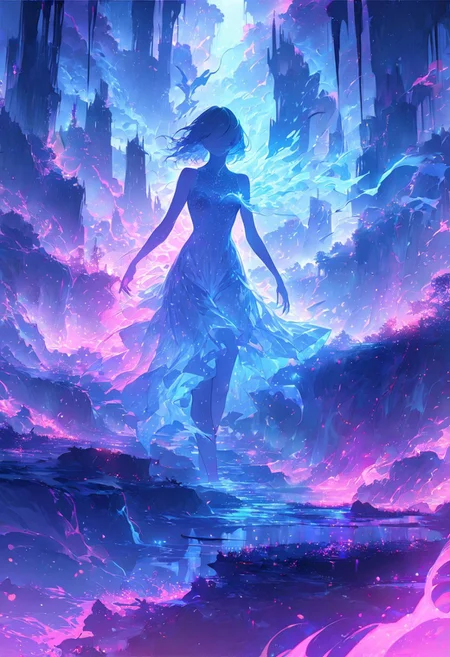 serene night, beautiful sky, dancing silhouette, Complex landscape, best quality, pastel colors, light blue tint, aesthetic Ethereal, Effulgent, Idyllic atmosphere, Tranquil, ethereal quality, cinematic volume, Twinkling lighting, glowing aura, global illumination, glowneon, Anisotropic Filtering, Unrivaled Opus, Unconventional, hyper detailed, HDR,