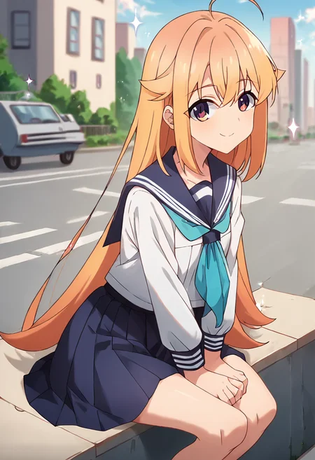 score_9, score_8_up, score_7_up, source_anime, masterpiece, 1girl, ctiank0shi, serafuku, sailor collar, blue neckerchief, skirt, long sleeves, outdoors, sunny, city, depth of field,  <lora:Koshi_Torako_pony_ct:1>, sitting, arms between legs, looking at viewer, smile, sparkle,