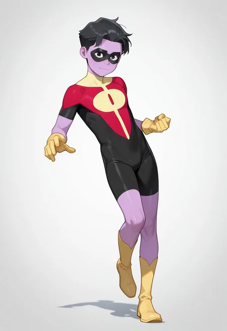 1boy, male focus, cute boy, rOliver_Grayson, Purple Skin, Colored Skin, Black Hair, Black Eyes, Domino Mask, Superhero Costume, Yellow Gloves, Yellow Boots, levitating, hans on hip, simple background, graphic border, cinematic, intricately detailed illustration, depth of field, masterpiece, best quality, amazing quality, very aesthetic, absurdres, newest, very awa, shadow, dynamic angle, casual cosplay, dynamic pose, action pose