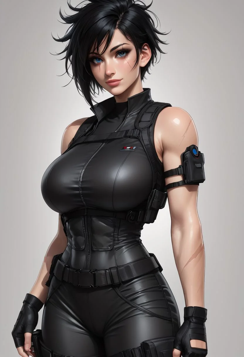 score_9, score_8_up, score_7_up, full body, 1girl, bare shoulders, utility vest, tight combat pants, combat boots, (huge breasts:1.0), fingerless gloves, gloves, blue eyes, looking at viewer, female, scar, solo, standing, short bob haircut, messy hair, black hair, happy, (extremely beautiful:1.9), physically fit, cybernetic right arm, slender build