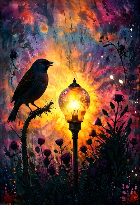Lit the lamp bulb before the sunrise, Before sparrow cry from thistle, The kettle boil before it whistle, The sky bleed purple, The night fight before it die, <lora:xl_more_art-full_v1:0.4>, <lora:MJ52:0.4>, Back lighting, <lora:Lost_In_Dreams:0.8>, <lora:ral-colorswirl:0.7> ral-colorswirl