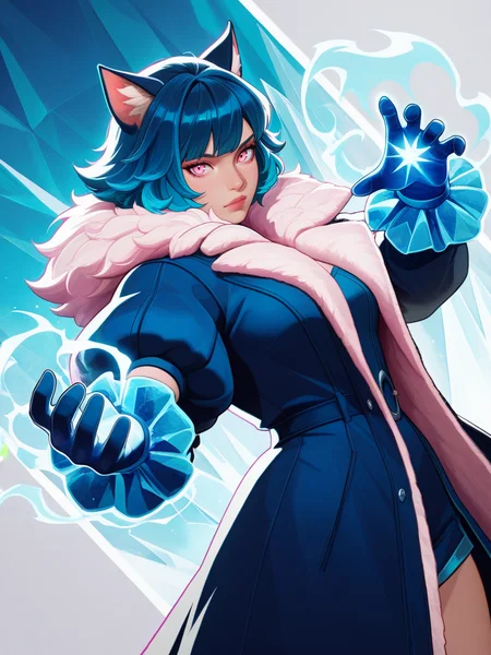 highres, hi res, best quality, masterpiece, intricate details, absurdres, 4k,, semi realistic, cartoon,
1girl, cat girl, big fluffy coat, cat ears, pink eyes, blue hair, puffy gloves, ice in half body,, energy around, aura,, looking at viewer, dynamic pose, fighting stance, cowboy shot, multicolored background, dutch angle,
, MarvelRivals, <lora:AMarvelRivals_style-06:1>