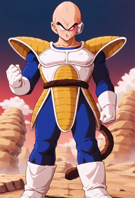 score_9, score_8_up, score_7_up, source_anime, vegeta, bald, black eyes, boots, white gloves, white footwear, saiyan armor, blue bodysuit, monkey tail, red eyewear, plate shielding, scouter, tail belt,