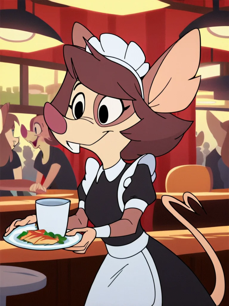 score_9, score_8_up, score_7_up, score_6_up, score_5_up, score_4_up, source_furry, Julia_PonyXL, 1girl, solo, kinked tail, (maid uniform), cafe, crowd, detailed face, detailed eyes, crisp, detailed background, <lora:Julia-v1:1>