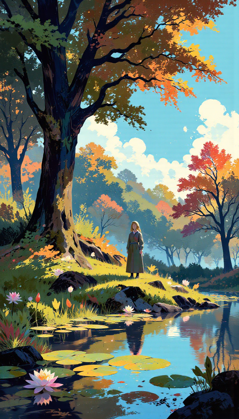 pscho_4rt,mythp0rt,very wide angle, put subject further away, small subject, A serene, colorful digital illustration from a bird's eye view about a tranquil forest scene with a serene pond surrounded by vibrant foliage and colorful flowers. the image features a vibrant, ethereal atmosphere with a soft, glowing light filtering through the trees, creating a magical ambiance. on the left side of the image, a large tree with its branches reaching up towards the sky, is surrounded by lush, green foliage with a variety of colors, including shades of green, orange, and pink. the water in the pond is still and reflects the surrounding foliage, with lily pads floating on the surface. in the foreground, a single pink lotus flower blooms, adding a touch of beauty and serenity to the scene. the background features a clear blue sky with fluffy white clouds, adding to the peaceful and tranquil atmosphere. the scene is bathed in soft, golden light, giving it a dreamy and ethereal quality.  autumn, flower, outdoors, sky, day, cloud, water, blue sky, tree, leaf, pink flower, lily pad, nature, sunlight, pond, autumn leaves, nature background  camera_angle: from the side, art_style: digital illustration, location: forest, background: A serene forest with trees, water lilies, and colorful foliage, text: NA, distance_to_camera: full body;full body, clothing: NA;NA, image_composition: center;middle;bottom, pants: NA ;NA, accessory: none;none, shoes: n/a;no, action: tranquil scene;embracing the serene atmosphere, facing_direction: facing viewer;facing viewer, facial_expression: serene;happy;happy, ear: NA\NA, eye_color: blue;white, gender: no human;no human, hair_color;color: green;orange, hairstyle: NA: NA.