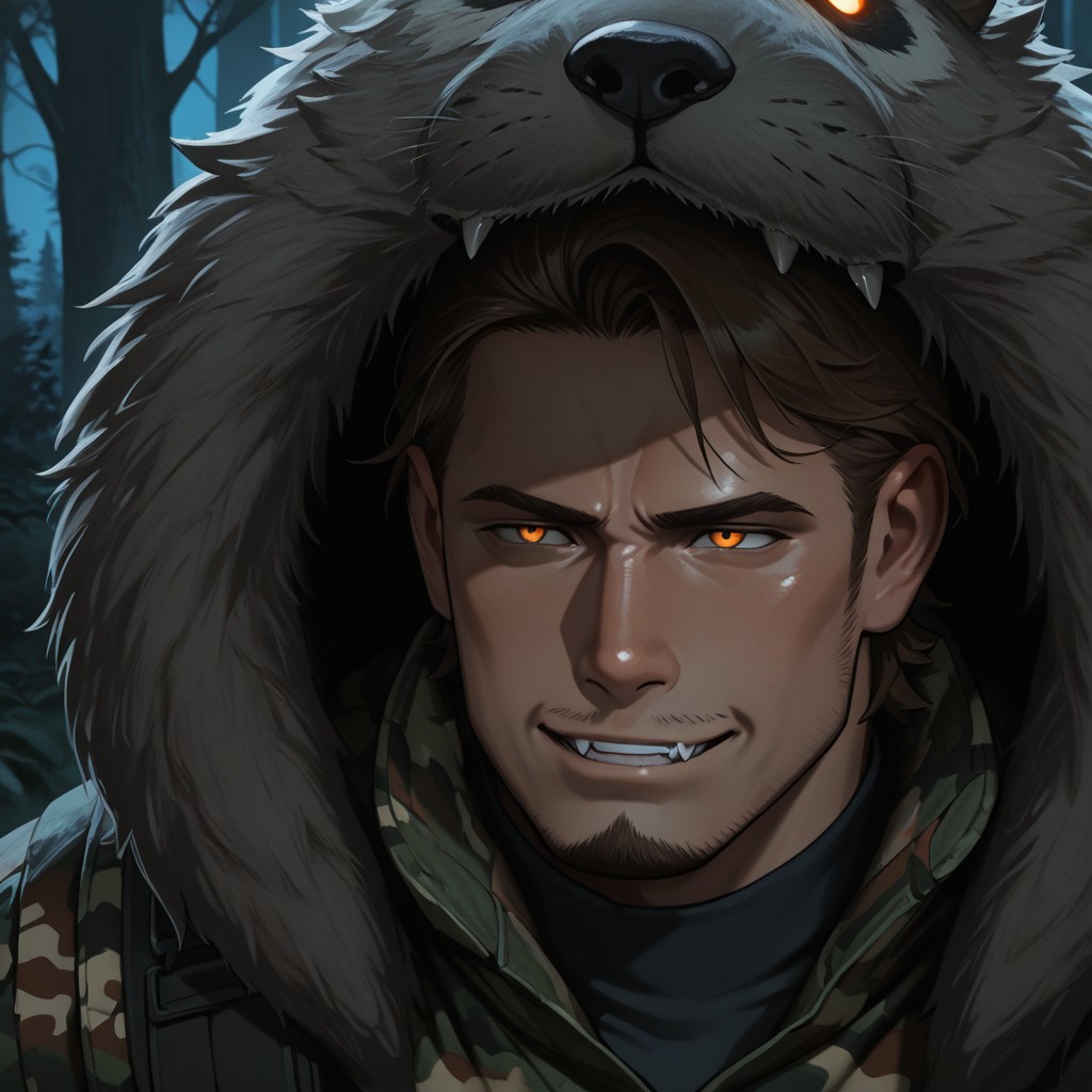 masterpiece, best quality, amazing quality, absurdres, newest, detailed background, definition so sharp, Ultra-HD, 8K cinematic, very awa, impressionate, amazing quality, highres, 
solo, male focus, manly, shadow, shiny skin,
shimonmakusu, shimon_brunette, shimon_orange eyes, 1boy, short hair, stubble, goatee, mature male, hunter, predatory_gaze, fanged_smile, wilderness, forest, camo_clothing, night_vision, stalking, silent, dangerous, survivalist, sharp_eyes, stealth, animal_pelt