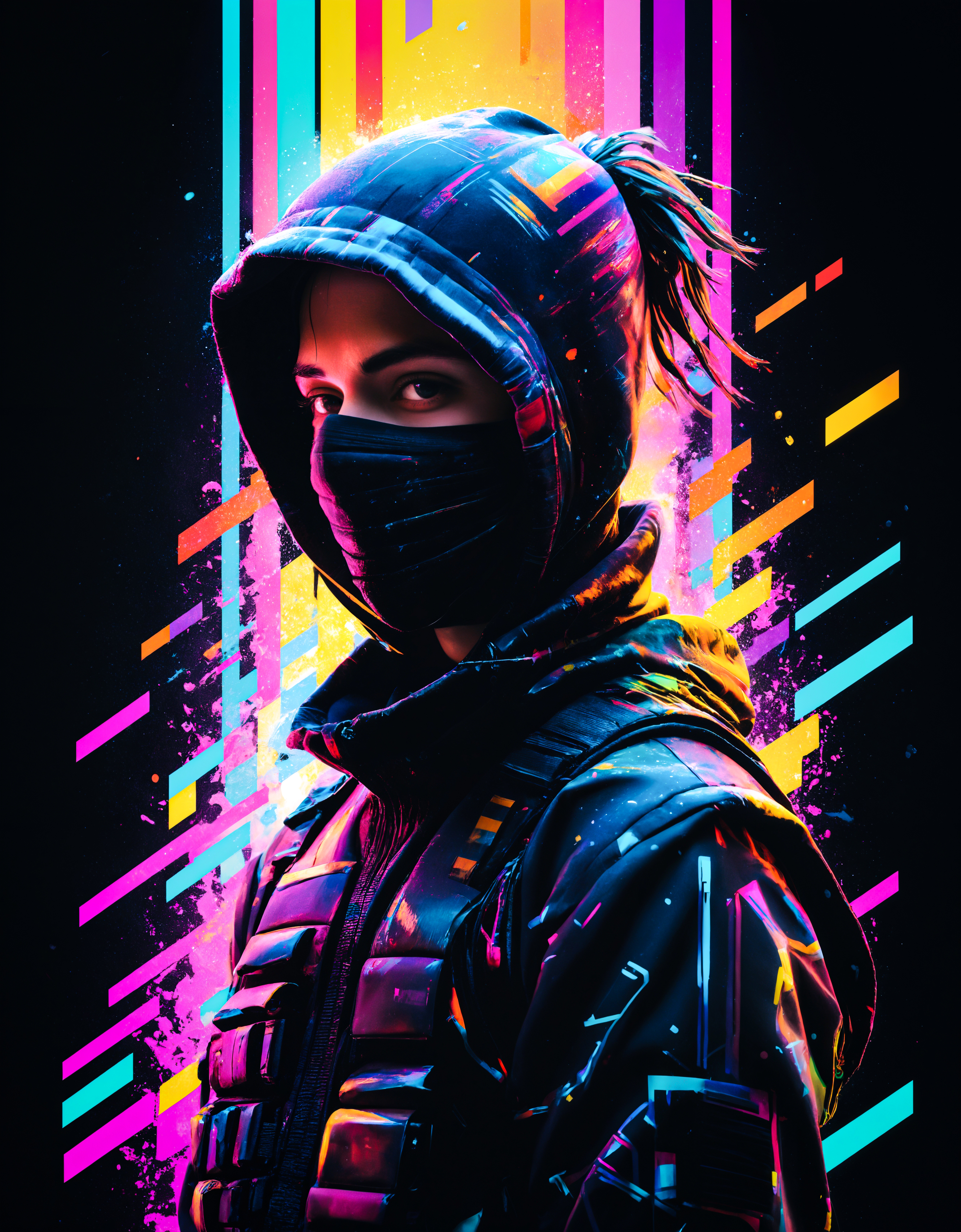 Illuminated ninja in the style of golden glitched rainbow. Snow is falling as holographic colored baroque geometric patterns float around the canvas in the style of colorful digital art. The image has a cyberpunk aesthetic with a glitchy distortion and psychedelic color palette. Black background, neon lights, glitch art, surrealism, high contrast, vibrant colors, psychedelic patterns, ethereal glow. The overall mood should be one of spiritual contemplation and otherworldly beauty. It's like something in the style of science fiction.