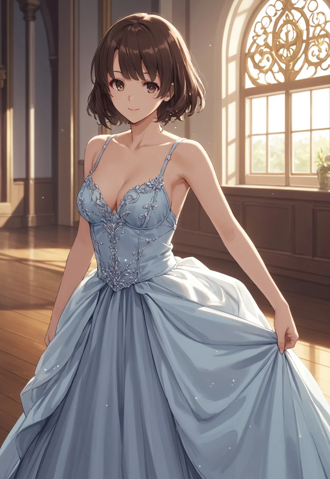safe_pos, safe_pos, score_9, score_8_up, score_8, score_7_up, source_anime, 
1girl, katou megumi, Megumi <lora:KatoMegumi:1>,brown hair,katou megumi,brown eyes, medium breasts , short hair, masterpiece, best quality, elegant ballroom theme, grand chandelier-lit ballroom background, wearing a flowing deep-blue evening gown with silver accents, hair styled in soft curls, standing near a tall arched window with moonlight streaming through, poised and graceful pose, subtle and mysterious smile, polished wooden floor reflecting the light, intricate details on her gown, soft warm and cool lighting contrast, regal and sophisticated atmosphere, ((eyes fix))