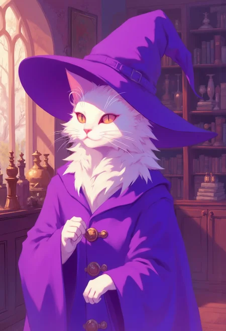 A white cat in a purple robe and a large purple witch hat.Background of a wizards study,soft pastel anime