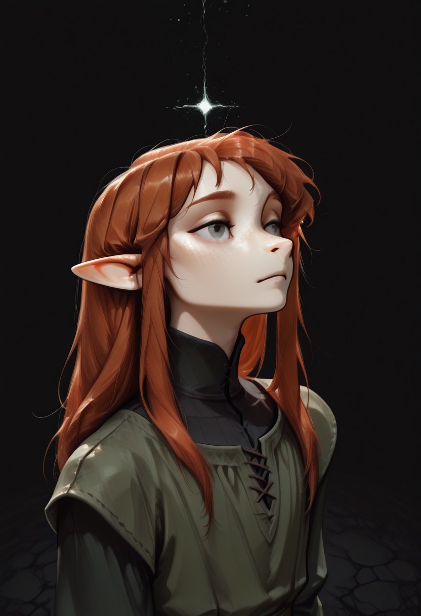 1person, (Lapanya), Malgha, freckles, 2 strands of hair sticking up, pointy ears, Long-sleeve black shirt, green tunic,
Close up, high angle, looking ahead, floating, wrleightless,
Black background, void background, empty space background,
Source: semi-realistic