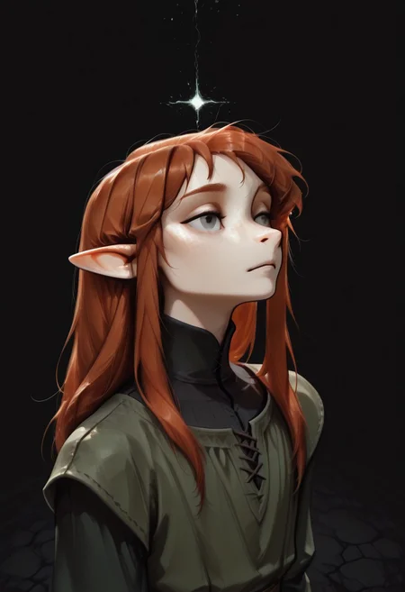 1person, (Lapanya), Malgha, freckles, 2 strands of hair sticking up, pointy ears, Long-sleeve black shirt, green tunic,
Close up, high angle, looking ahead, floating, wrleightless,
Black background, void background, empty space background,
Source: semi-realistic