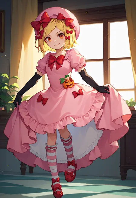 score_9, score_8_up, score_7_up, 1girl, Rambda, blonde hair, short hair, orange eyes, hair ornament,  pink hat, pink gown, red bow, short sleeves, elbow gloves,  striped kneehighs, mary janes, looking at viewer, dim lighting, light smile, indoors,     <lora:DeltaLambda 2-000007:1>