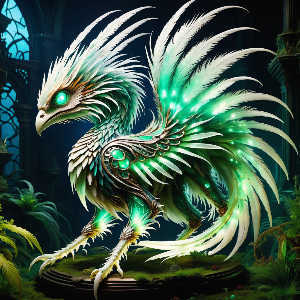 hyper detailed masterpiece, dynamic, awesome quality,DonM3lv3sXL enormous enchanted ephemeral high-tech fungoid being,  feathered appendages, multi-tailed, short-tailed, spiky scales,     <lora:DonM3lv3sXL-000005:0.85>