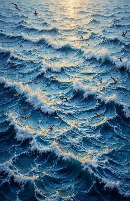 impressionism art by Claude Monet and James Jean, A sea of shimmering silver waves slowly rises from the surface, forming intricate patterns and shapes. The water ripples in all directions, creating a mesmerizing spectacle that defies explanation. Seagulls cry out as they fly by, , realism with emotional depth, Venetian Renaissance, Sporty, Arte Povera, humorous social commentary, in a world without hope, dinosaurs, Scottish colourist, fine polished, romantic, fertile, lush, fantastic aesthetic, <lora:models\Flux\flux-photo_v6:0.3> <lora:models\Flux\aidmaMJ6.1-FLUX-V0.3:0.3> <lora:models\Flux\Carys_-_Synthetic_Person_Flux:0.3> <lora:models\Flux\ukiyo-e_style_hokusai_flux1-dev (1):0.3> <lora:models\Flux\custom\cursed-statues-000008:0.3>,