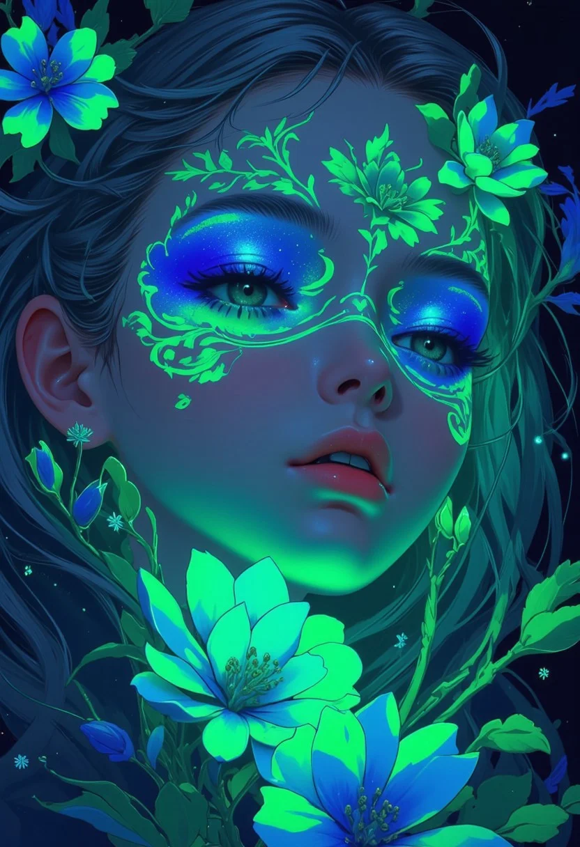 Create a close-up image of a fantasy elf’s face. Her skin glows with a soft, ethereal light and is adorned with neon tattoos that cover her face in intricate patterns. The tattoos emit a magical glow that illuminates her delicate features. Her eyes are large and bright, subtly changing between shades of blue and green, as if holding an ocean within them. Her long, silver hair frames her face, adding a touch of magic to the scene. The background features a starry sky that enhances the dreamy atmosphere , fantasy art, detail eyes, magic eyes, de01, fca_style, flowers, flowering style, Graphic design, flyer, poster,