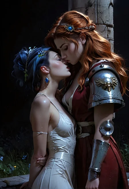 safe_pos, score_9, score_8_up, score_7_up, score_6_up, 2girls, 21 year old, ((night)), (wide shot),
((medieval)), short female enchantress slut, kissing, tall dominating female warrior, ((height difference)), on top of a hill, city in background, stunning view, sublime view, high cut clothing, ornate, nighttime, milky way, ((deep v-neck)), stone pillar, head leaning back, romantic, reaching, (ornate clothing), ((metal armor)), ((plunging neckline)), perfect figure, ((short skirt)), ((arms behind back)), intimate, hand in another's mouth,
highly detailed skin, perfect hips, wide hips, highly detailed skin, glistening skin, gloom, movie still, ((perfect eyes)), ((Low-key lighting)), ((dark background)), dark