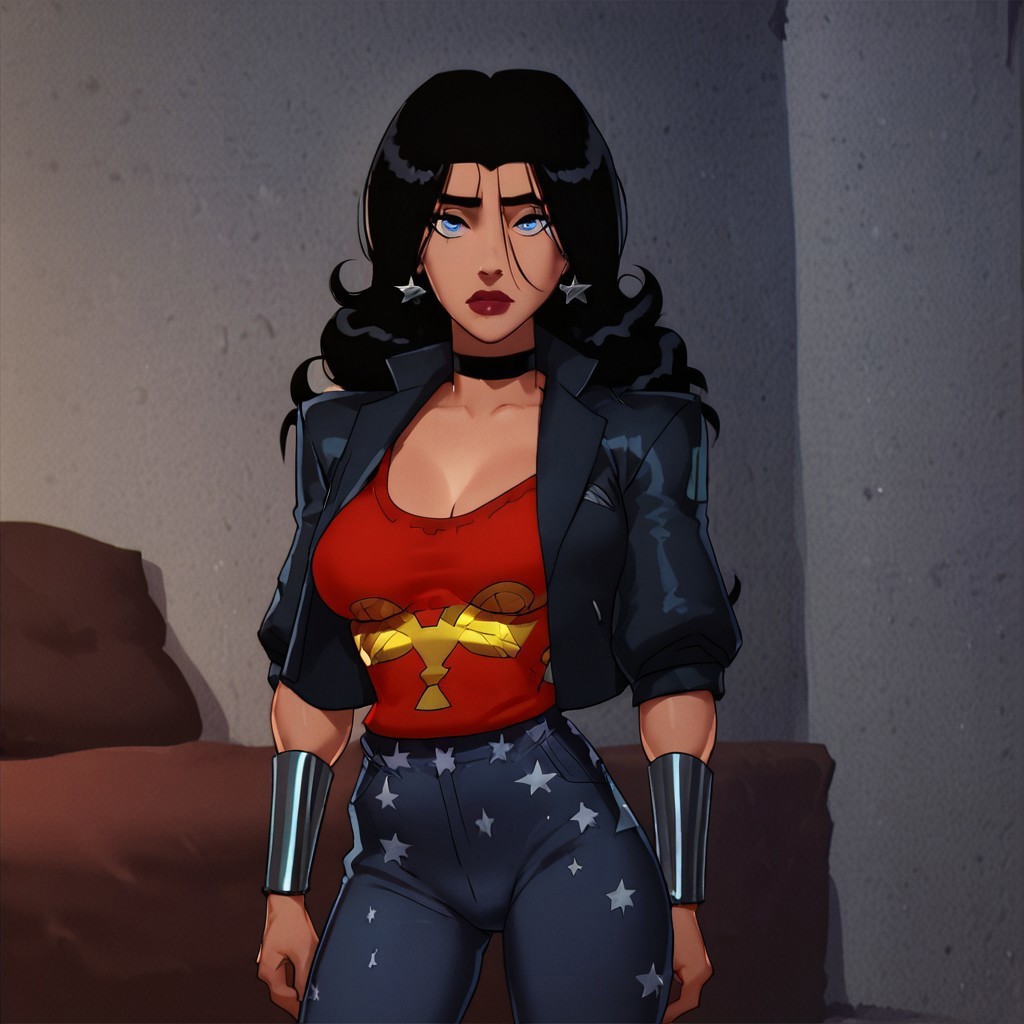 safe_pos, safe_pos, score_9, score_8_up, score_7_up, 1girl, solo, lipstick, black hair, long hair, blue eyes, breast, earrings, red shirt, jacket, choker, Donna Troy, looking at viewer, bedroom, standing