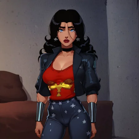 safe_pos, safe_pos, score_9, score_8_up, score_7_up, 1girl, solo, lipstick, black hair, long hair, blue eyes, breast, earrings, red shirt, jacket, choker, Donna Troy, looking at viewer, bedroom, standing