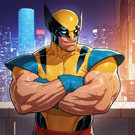 masterpiece, best quality, absurdres, newest, perfect quality, best quality, absolutely eye-catching, detailed background, intricate details, bara, 1boy, male, male focus, solo, mature, facial hair, stubble, no eyes, yellow body suit, blue stripes, black stripes, blue shoulder pads, blue gloves, red belt, yellow and black mask, mouth exposed, hairy arms, hairy shoulders, bara, muscular, large pectorals, large biceps, looking away, smirk, upper body, cowboy shot, crossed arms, city scenery, very awa, best quality, absurdres, newest, perfect quality, detailed background, intricate details, (artist:rokudenashi:0.8), (artist:dizdoodz:0.7), (artist:gomtang:0.6)