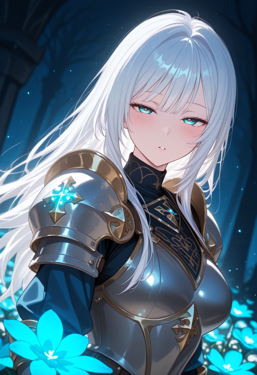 (masterpiece, best quality:1.2), amazing quality, very aesthetic, 32k, absurdres, newest, scenery,  
1girl, solo, long hair, looking at viewer, blush, blue eyes, upper body, white hair, flower, parted lips, armor, aqua eyes, glowing, shoulder armor, gauntlets, pauldrons, knight, bangs, blue theme
,half-closed eyes, mature female,
,dutch angle, dark background, (night:0.8), blurry background, glowing light particles, depth of field <lora:PHM_style_IL_v3.3:1.0>