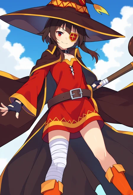 score_9, score_8_up, score_7_up, source_anime,
BREAK
1girl, solo,
<lora:shiMeguminV1:1>,
shimegudef, defaultdress, short hair, brown hair, red eyes,
collarbone, black gloves, choker, belt, fingerless gloves, cape, collar, witch hat, bandages, red dress, eyepatch, staff, holding staff,
bandaged leg, single thighhigh, boots, orange footwear,
looking at viewer, smug,