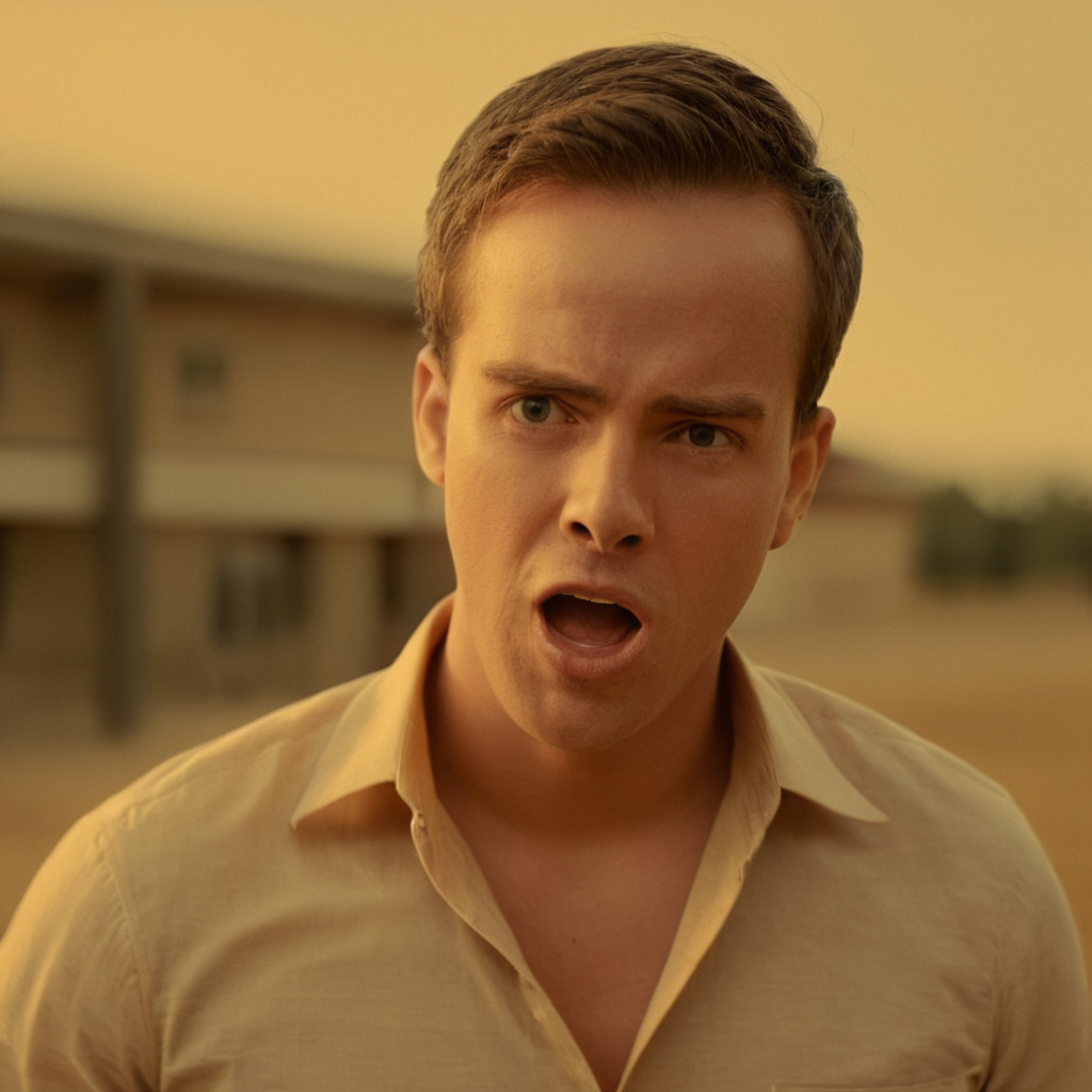 cinematic film still of  <lora:Warm Lighting Style:1>
warm light,a man with a surprised look on his face,warm lighting style,solo,looking at viewer,short hair,open mouth,shirt,1boy,monochrome,male focus,teeth,collared shirt,blurry,blurry background,portrait,realistic,sepia,yellow theme,orange theme 3200k, orange color, yellow color, warm color, straw color, golden color, shallow depth of field, vignette, highly detailed, high budget, bokeh, cinemascope, moody, epic, gorgeous, film grain, grainy