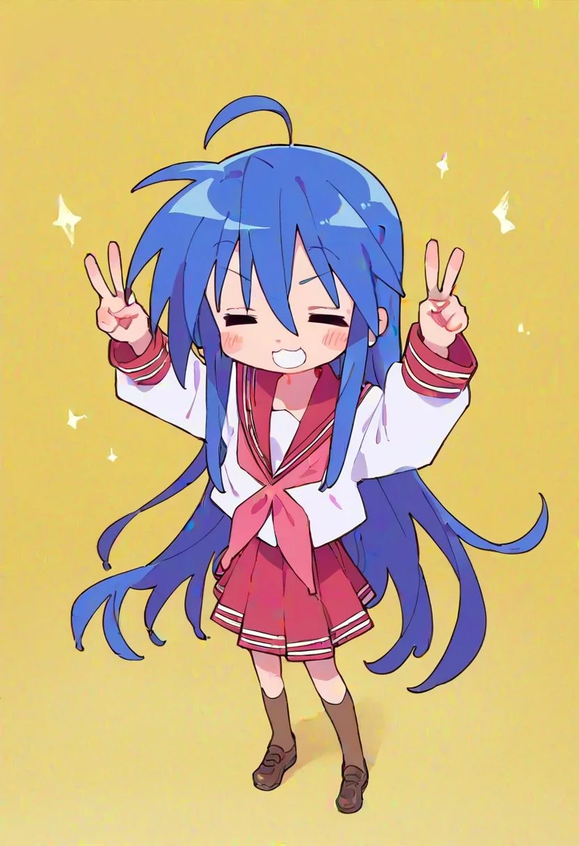 ASCIIscore_9, score_8_up, score_7_up, best quality, masterpiece, source_anime,
konata izumi, long hair, ahoge, green eyes, blue hair, hands making peace sign,
flat chest, closed eyes
1girl,outdoors, serafuku, red miniskirt, red sailor collar, shoes, brown tighhighs,smile