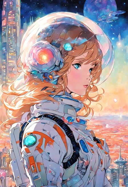 Caroline Diethard Sorg, Woman spacesuit, helmet, alien landscape, alien sky, glowing crystal buildings in the background, Macross
